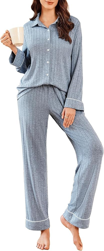 Ekouaer Womens Pajama Sets Long Sleeve Ribbed Knit Lounge Set Button Down Soft 2 Piece Pjs With P... | Amazon (US)