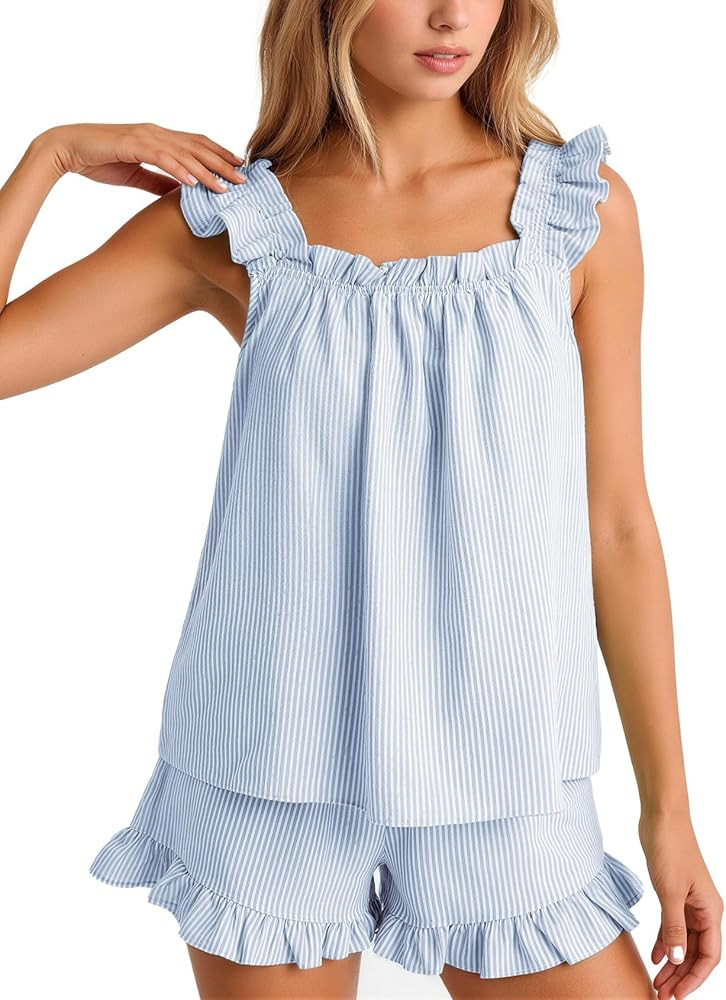 Flygo Striped Pajamas Set for Women Cotton 2 Piece Lounge Sets Ruffle Cami Top and Shorts Cute Su... | Amazon (US)