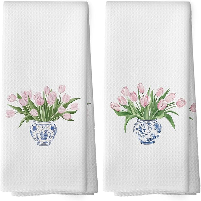 Chinoiserie Tulips Kitchen Towels Set of 2, Blue and White Porcelain Kitchen Decor, Tulips Flower... | Amazon (US)