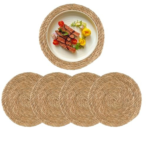 Round Woven Placemats Set of 4, 12" Boho Rattan Placemats Natural Hand-Woven Christmas Placemats Table Decor, Chargers for Dinner Plates, Farmhouse Place Mats, Wicker Table Mats for Dining Table, Home | Amazon (US)