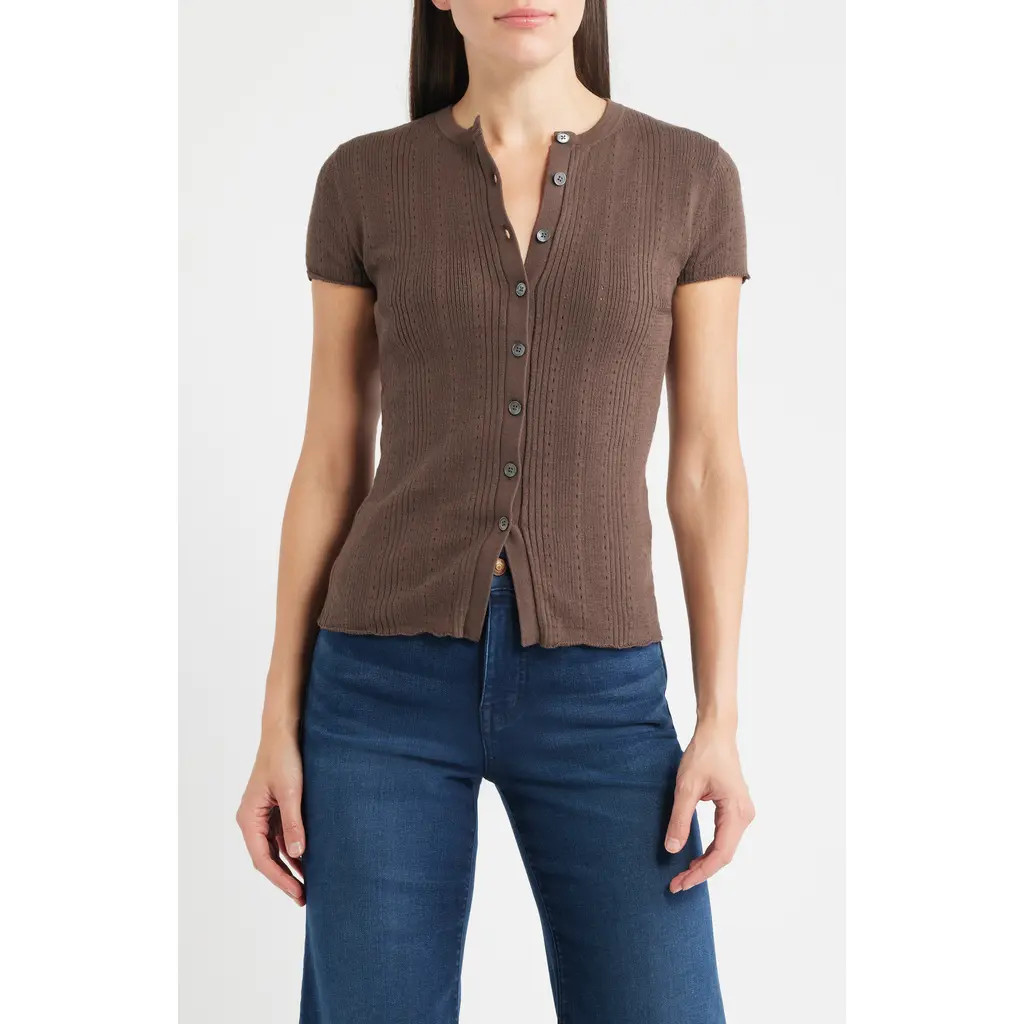 Madewell Short Sleeve Pointelle Cotton Blend Cardigan in Roasted Chickory at Nordstrom Rack, Size Large | Nordstrom Rack