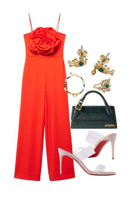 Red jumpsuit with maxi flower, green jewellery and jacquemus bag with pvc see through sandals.
Spring outfit, going out look, flower corsage, wedding guest outfit.

#LTKparties #LTKstyletip #LTKwedding