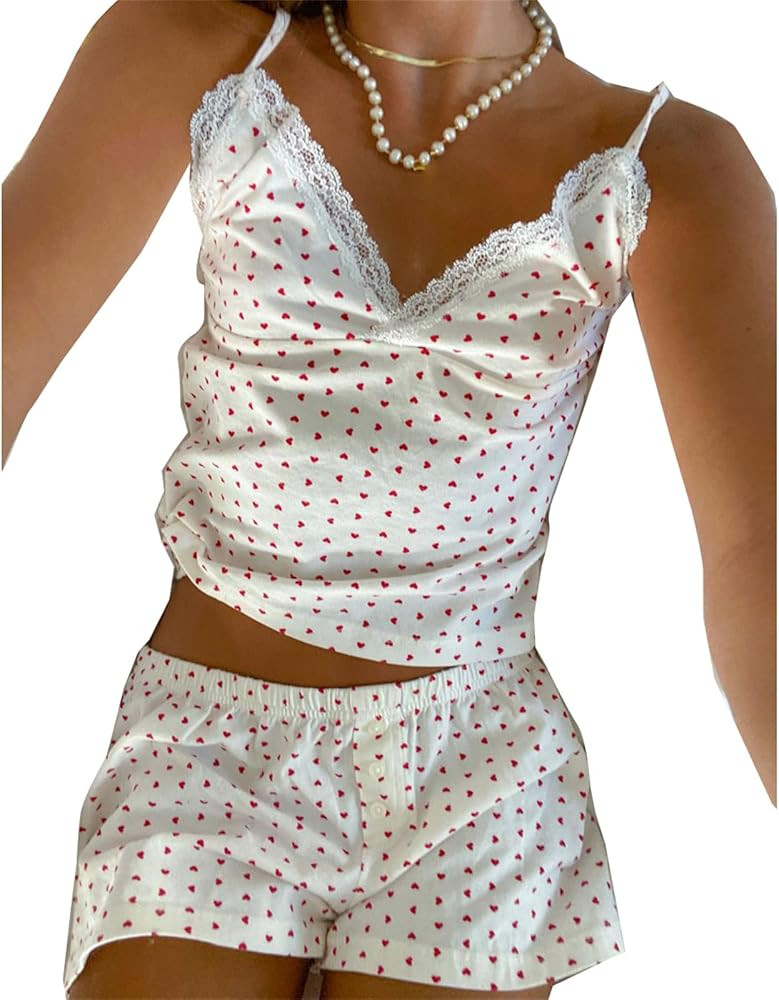 Amiblvowa Y2k Womens Two Piece Pajama Set Cute Heart Print Cami Top Matching Shorts Pj 2 Sets Coq... | Amazon (US)