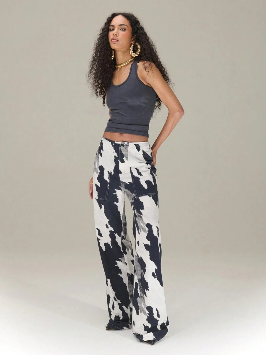 TypaGal Multi Colour Print Oversied Cotton Pocket Straight Leg Trousers | SHEIN