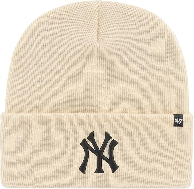 47 New York Yankees Mens Womens Cuffed Knit Winter Hat, Stretch Fit, Cream/Natural White, Black L... | Amazon (US)