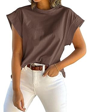 Tankaneo Womens Summer Cap Sleeve Tank Top Crew Neck Solid Casual Loose Fit Basic Tee Shirt | Amazon (US)