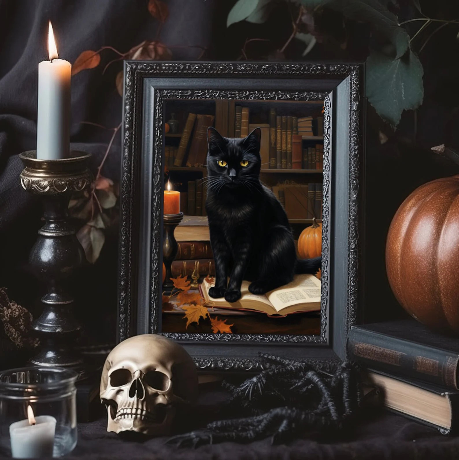 Black Cat in the Library Print Halloween Wall Art Decor Art - Etsy | Etsy (US)