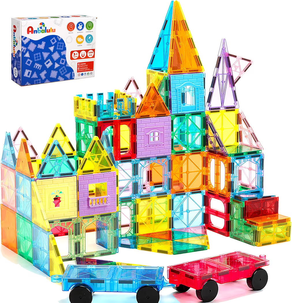 Magnetic Tiles 100PCS with 2 Cars, STEM Educational Building Blocks for Kids Ages 3-9, Magnet Con... | Amazon (US)