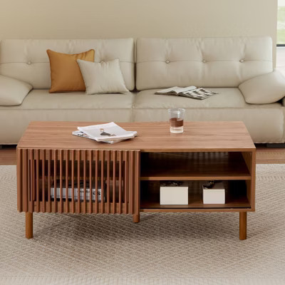 Bestier Modern Coffee Table with Storage, 44" Center Table with Fluted Sliding Doors and Dual Side Storage Shelves, Solid Wood Legs for Living Room | Target