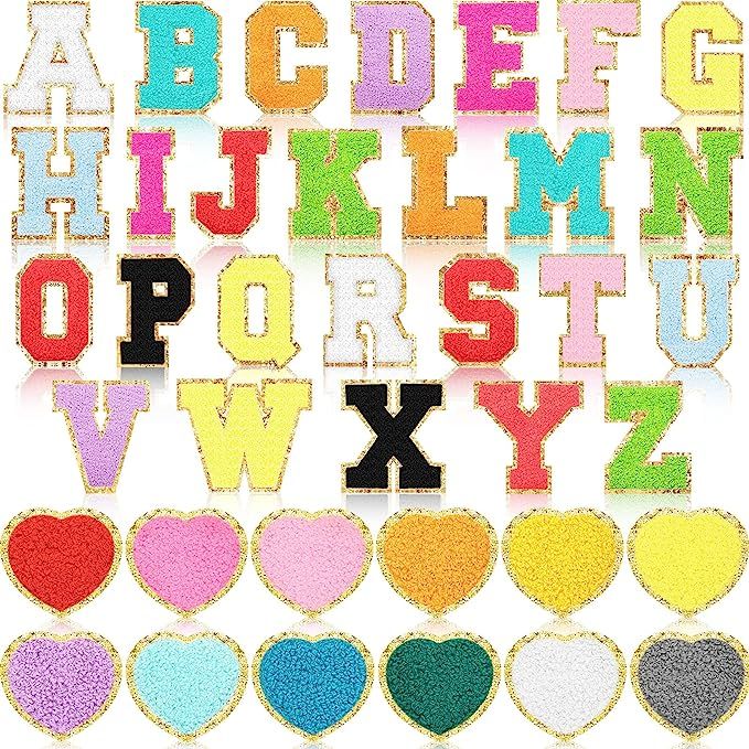 38 Pieces Iron On Letters A-Z Glitters Patches Chenille Letter Patches Love Smile Face Patches Al... | Amazon (US)