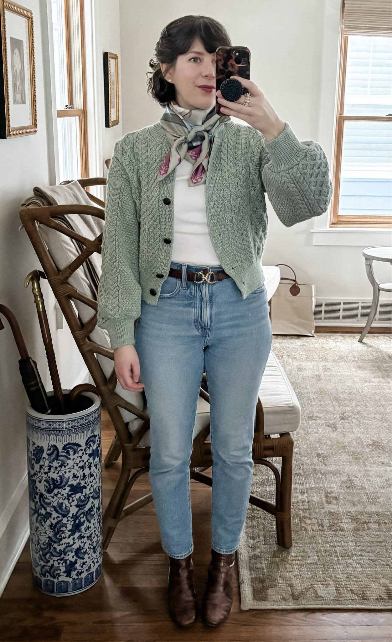 Adding a silk scarf adds an instant Parisian touch to even a casual jeans and a cardigan outfit.

-Ireland’s Eye Knitwear Clover cardigan
-Fleur Sauvage Design Staffordshire Dogs silk
-Target ribbed t-shirt
-Fauvette Paris belt
-Madewell Perfect Vintage jeans
-Silent D boots 
-Vintage Brooks Brothers camel hair coat
-Talbots suede bag 


#LTKstyletip #LTKover40 #LTKmidsize