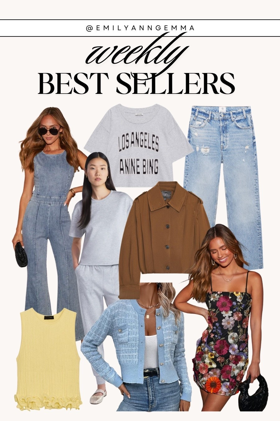 Weekly best sellers!

Fall lady jacket from Amazon, Zara yellow vest top, Vici floral dress, denim jumpsuit, Anine Bing tee, Walmart lounge set, ripped jeans and a Zara jacket. 

 #LTKSeasonal #LTKStyleTip #LTKFindsUnder100