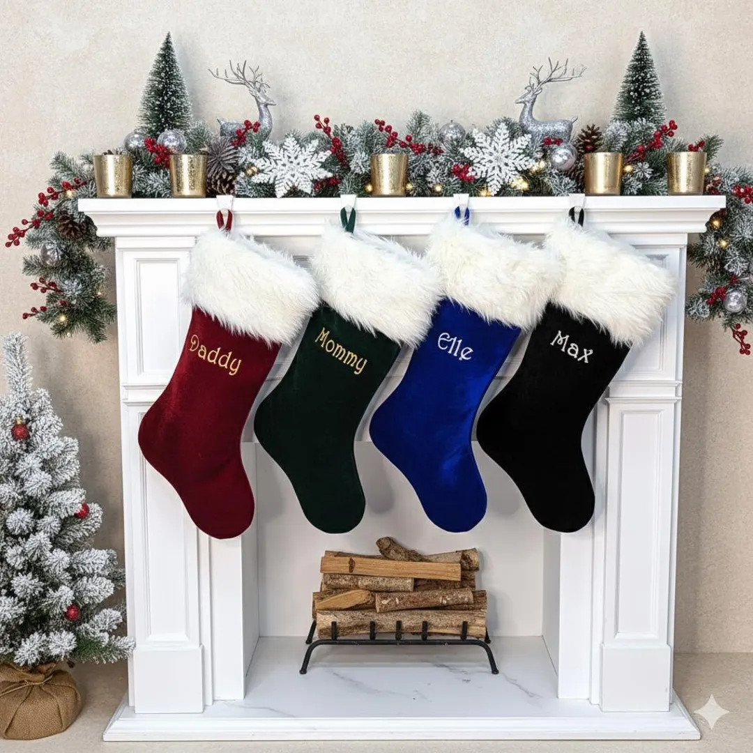 Large Velvet Stockings Personalized Christmas | Black Burgundy Blue Green off White Faux Fur Cuff... | Etsy (US)