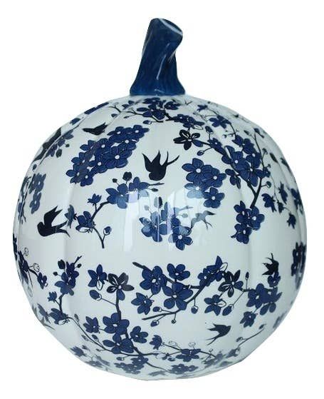 Blue and White Bird Blossom Pumpkin (Medium) | Teggy French