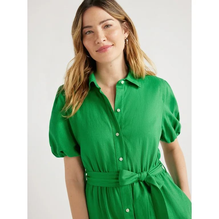 Free Assembly Women’s Midi Shirtdress with Puff Sleeves, Sizes XS-XXL | Walmart (US)