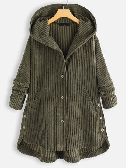 Plus Corduroy Single Breasted High Low Hem Hooded Coat | SHEIN