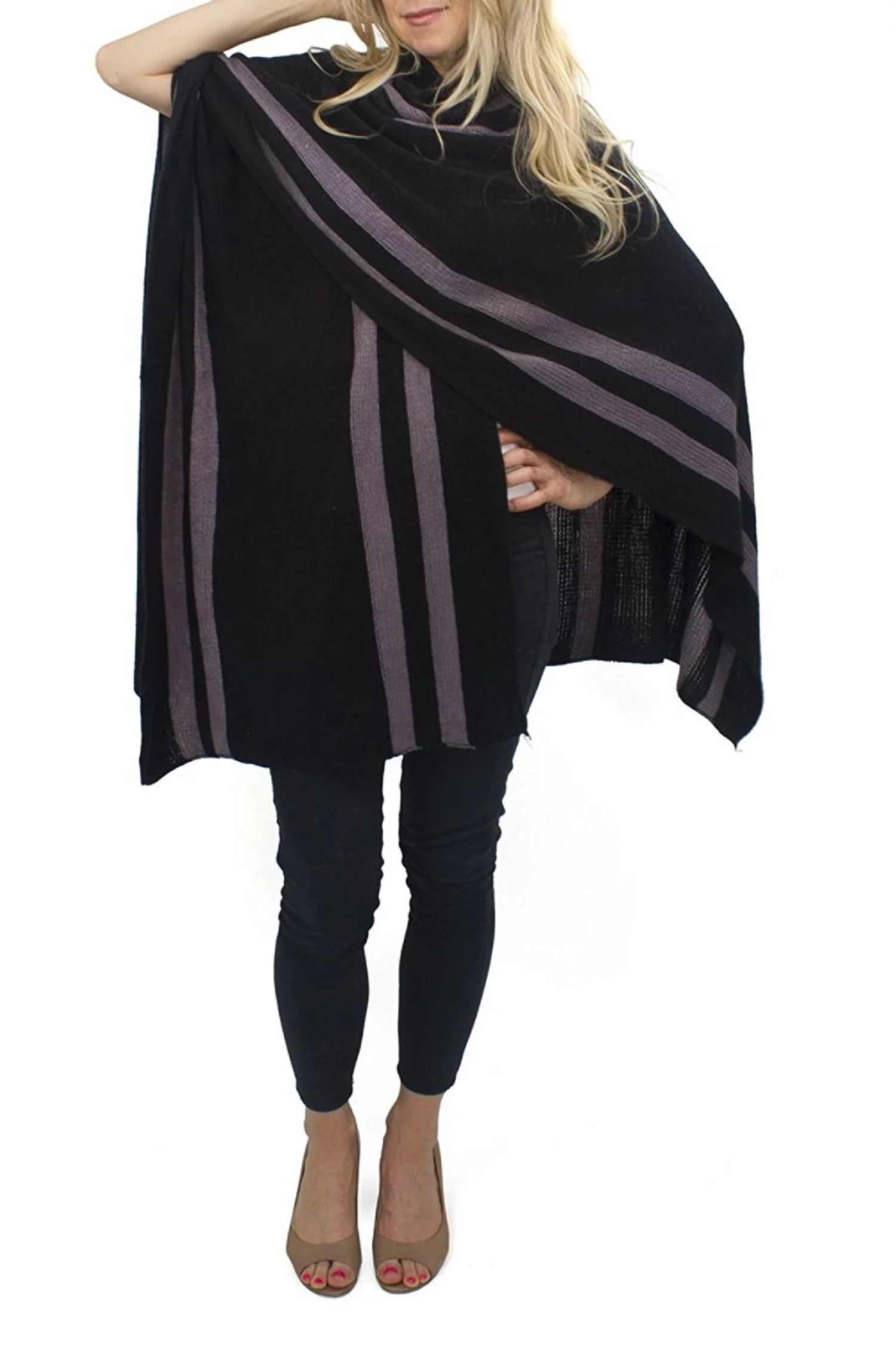 Jessica McClintock Striped Knit Cape Ruana Wrap Shawl Pashmina Poncho (Black/Grey) | Walmart (US)