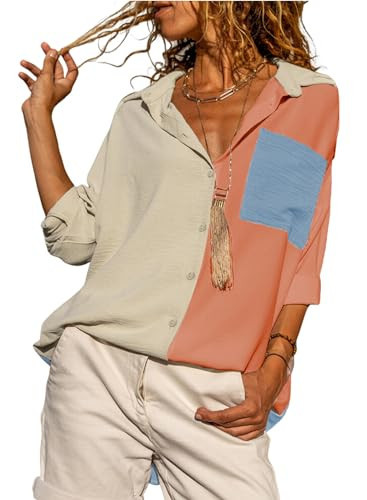 Astylish Women Oversized Collared Shirts Long Sleeve V Neck Fashion Button Down Blouses Color Block Tunic Top Pink Large | Amazon (US)