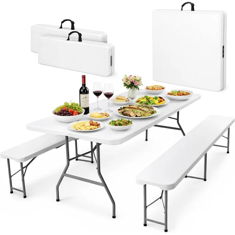 EconoHome 6 Ft White Plastic Folding Table Set with 2 Benches – Heavy-Duty Picnic Table & Bench... | Walmart (US)