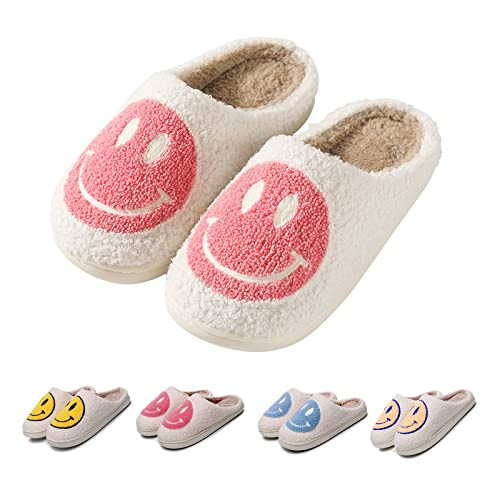 FACAXEDRE Retro Smile Face Slippers, Soft Plush Comfy Preppy Women Slippers, Smile Cushion Slides, Fluffy House Slippers for Men Pink 8.5-9.5 | Amazon (US)