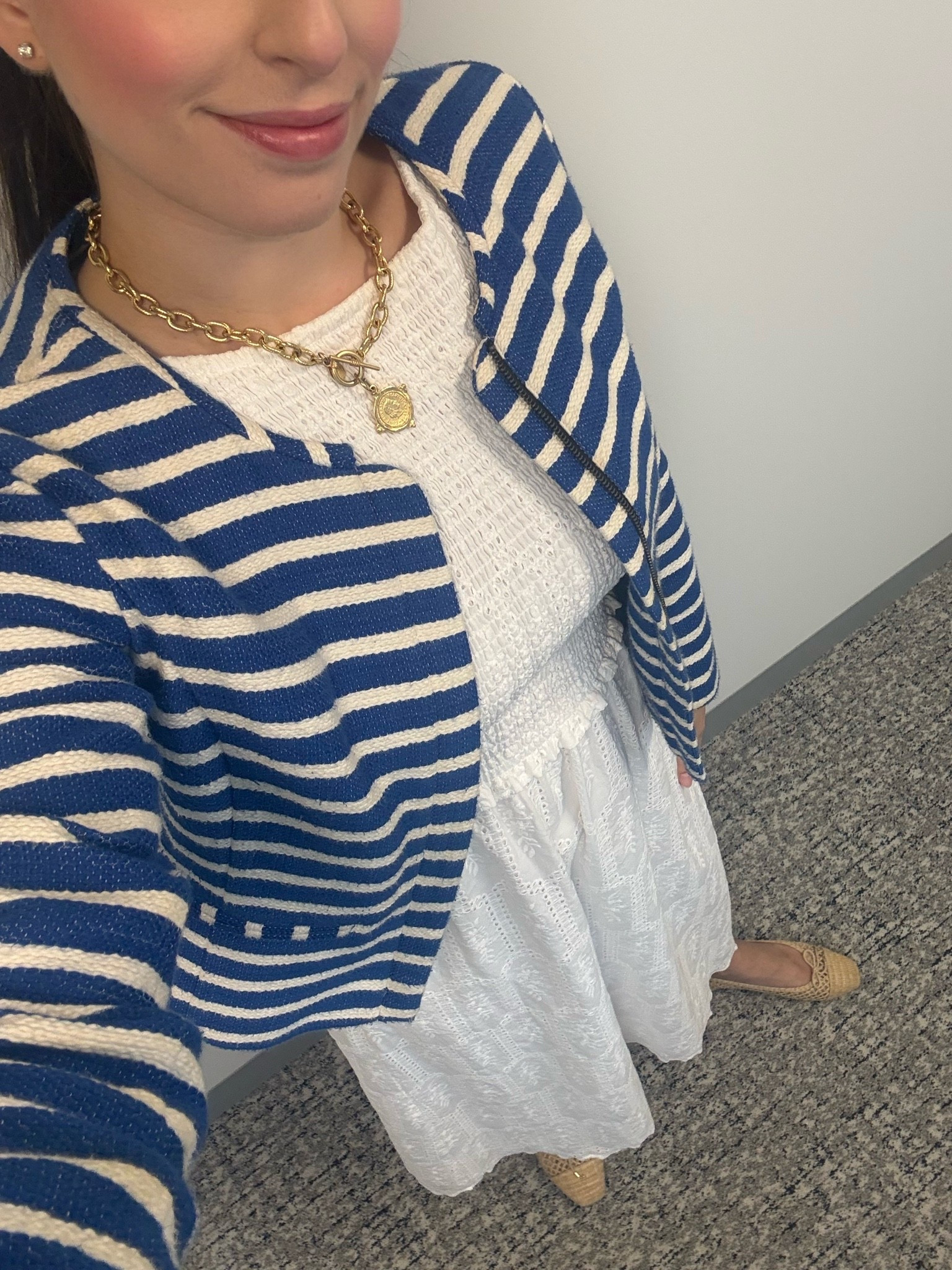 Hill house, nap dress, work dress, white eyelet dress, maxi dress, white maxi dress, summer workwear, summer work outfit, summer work clothes, business casual outfit, business casual dress, striped blazer, gold necklace, gold coin necklace, raffia shoes, Susan Shaw necklace

#LTKSeasonal #LTKWorkwear #LTKTall