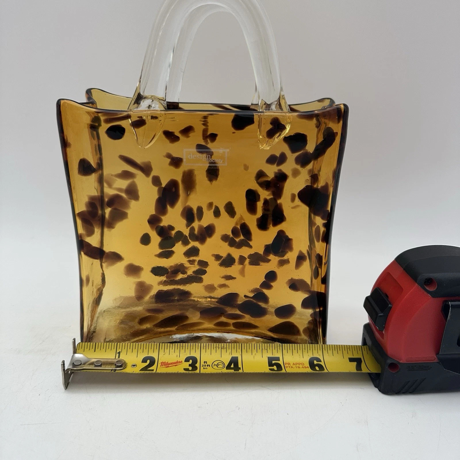 Tortoise Shell Hand Blown Art Glass Handbag W/Clear Handles Purse Vase 8.5” Tall | eBay | eBay US
