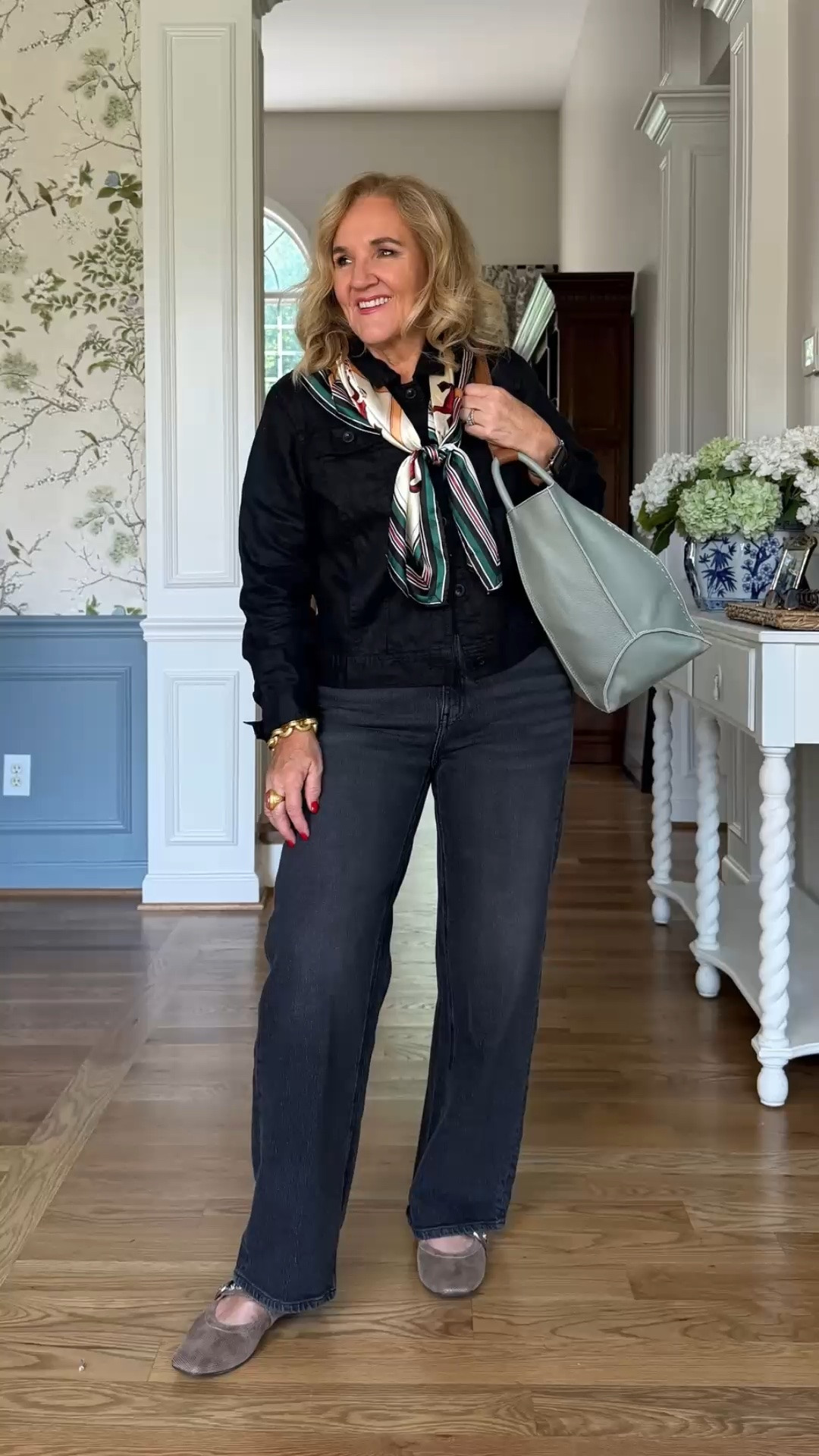 I really like how the scarf changes the feel of this whole outfit. I’m wearing a medium in the jacket and a size 29 in the jeans, and the black-on-black keeps it feeling simple while the scarf adds a little personality.

#LTKootd #LTKOver40 #LTKPetite