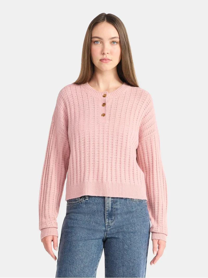 No Boundaries Pointelle Henley Pullover, Women's - Walmart.com | Walmart (US)