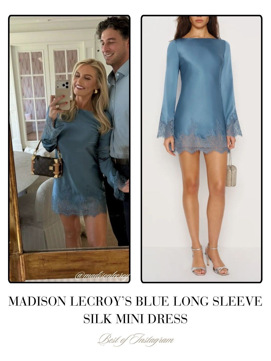 Madison LeCroy’s Blue Long Sleeve Silk Mini Dress 📸 = @madisonlecroy 