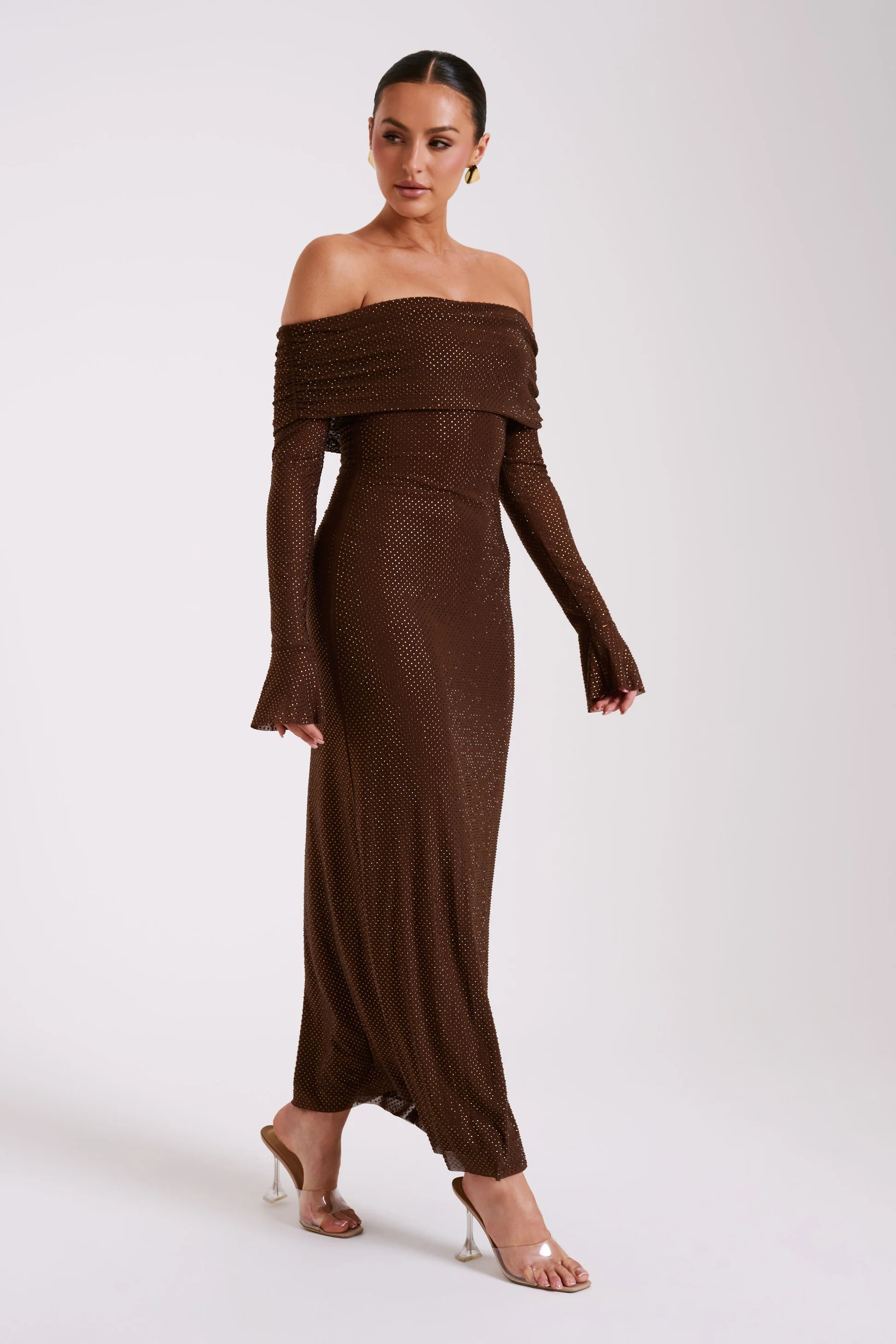 Off Shoulder Diamante Maxi Dress - Chocolate | MESHKI US