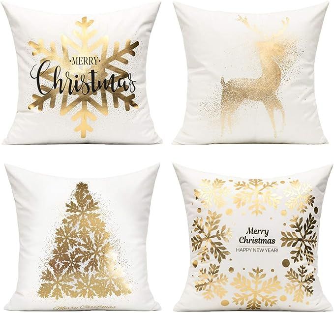 All Smiles Christmas Decorations Gold White Throw Pillow Covers Cases 18X18 Set of 4 Snowflakes X... | Amazon (US)