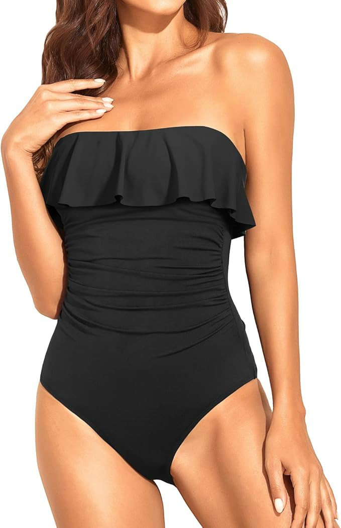 Holipick Strapless One Piece Swimsuits for Women Tummy Control Bandeau Bathing Suits Ruffle Slimm... | Amazon (US)