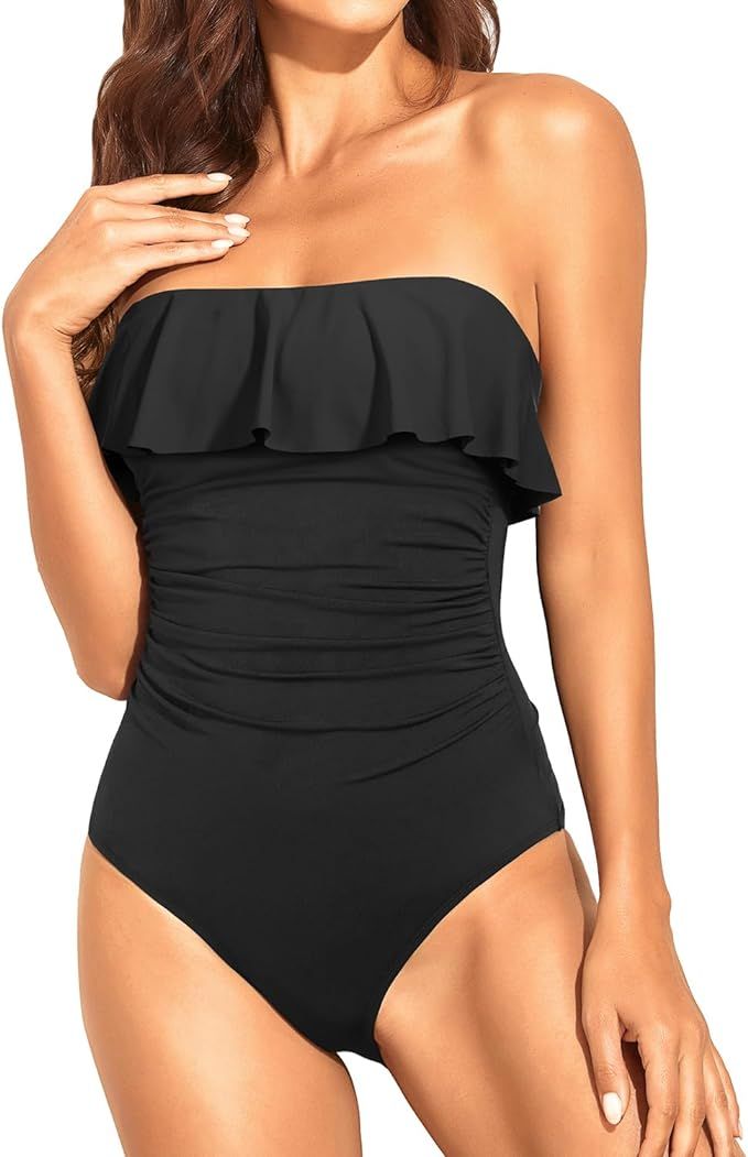 Holipick Strapless One Piece Swimsuits for Women Tummy Control Bandeau Bathing Suits Ruffle Slimm... | Amazon (US)
