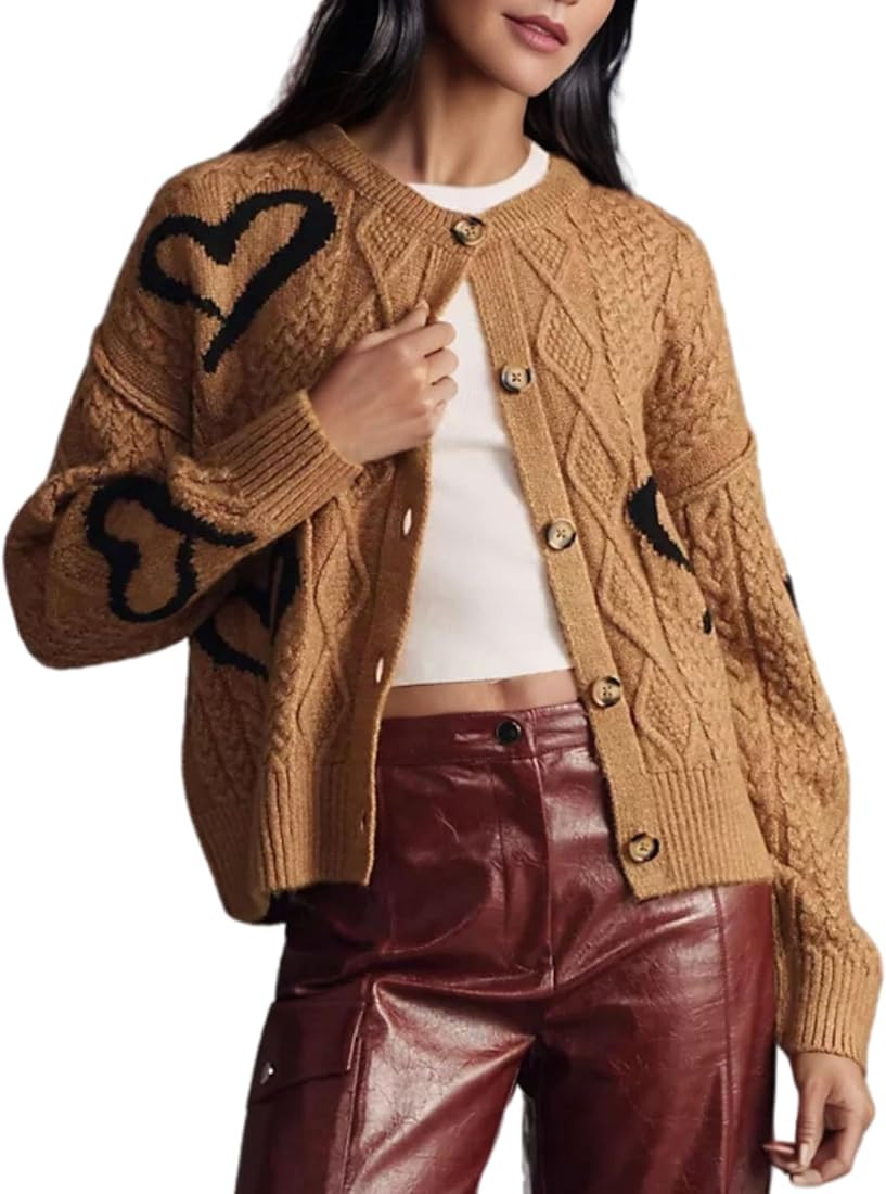 InterNos Women's Graphic Cable Knit Cardigans Sweater Vintage Open Front Crew Neck Long Sleeves K... | Amazon (US)