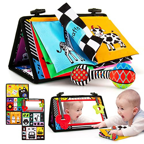 3-in-1 Tummy Time Mirror with Soft Crinkle 3D Activity Book, Teethers, Rattle - High Contrast Black and White Montessori Baby Crawling Toys Developmental Newborn Infant Sensory Toys Gift 0-12 Months | Amazon (US)