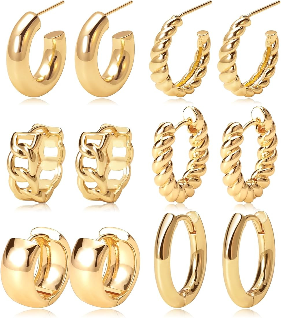 Gold Hoop Earrings Set 14k Gold Plated Huggie Earrings Hypoallergenic Chunky Twisted Thick Jewelr... | Amazon (US)