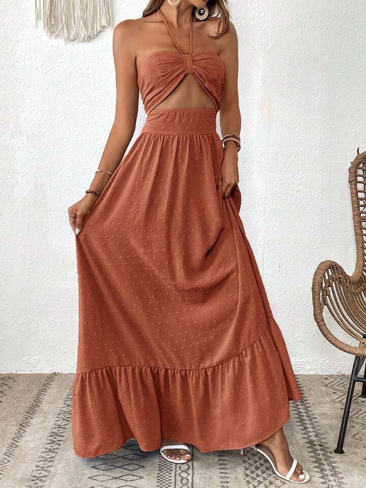 SHEIN VCAY Women's Swiss Dot Hollow Out Dress With Ruffle Hem And Halter Neck | SHEIN