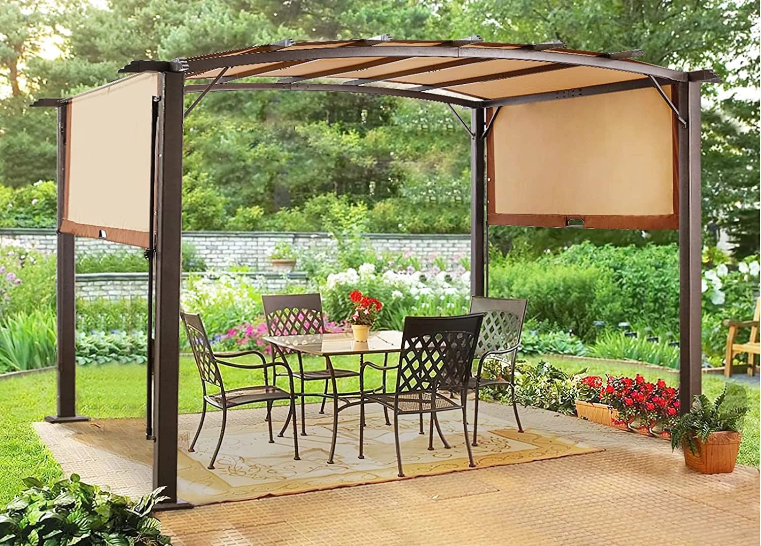 AECOJOY 12’ X 9’ Outdoor Retractable Steel Pergola Canopy with Adjustable Shade-Beige | Walmart (US)