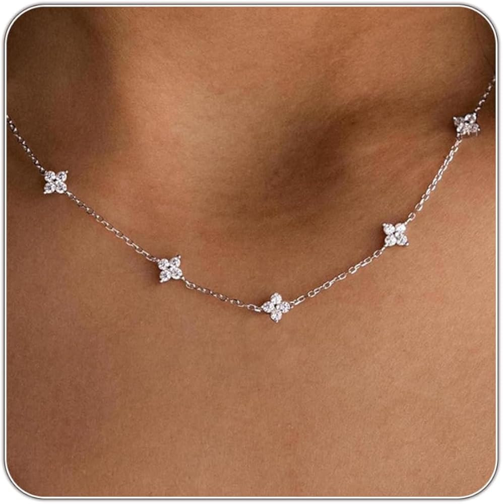 Dainty Silver Gold Necklaces for Women Cute Station Choker Simulated Diamond Necklace Simple Laye... | Amazon (US)