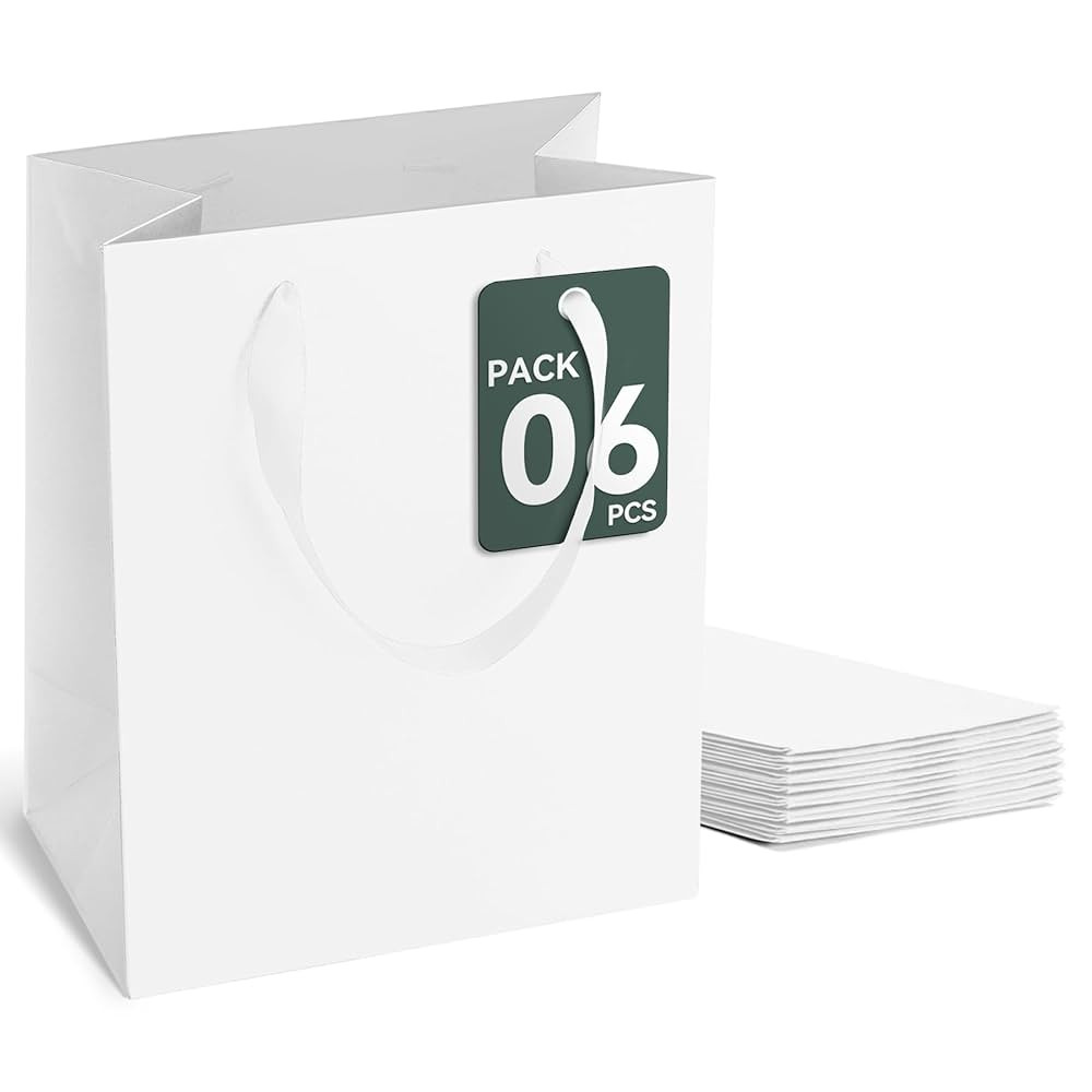 White Gift Bags With Handles 6 Pcs, 8x5x10 Inch white gift Bags with Handles Medium Size Bulk for... | Amazon (US)