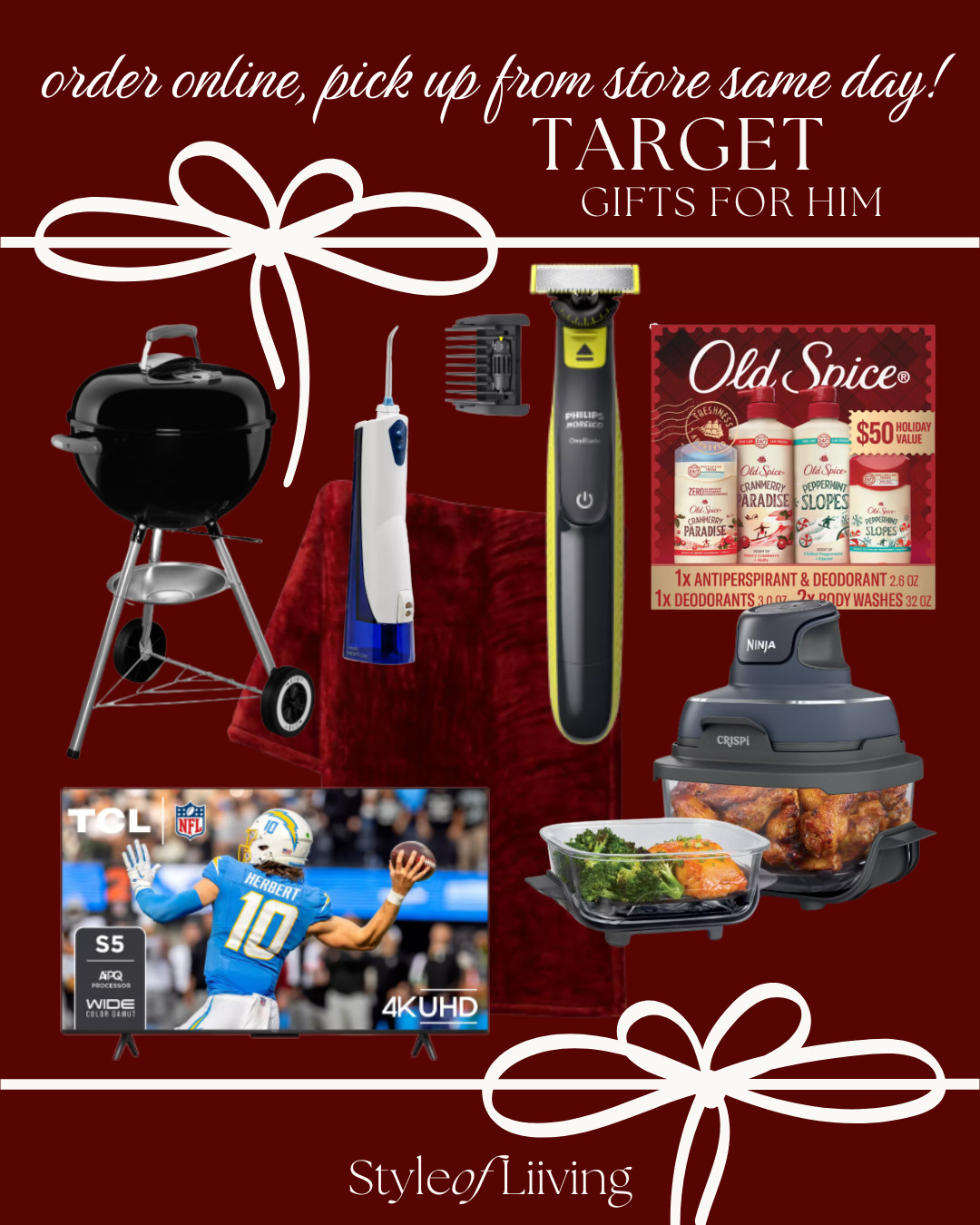 Order online and pick up from the store the same day if you need last minute gifts! Here are some last minute gifts for him from Target including a grill, razor, large flat screen television, air fryer, old spice set, blanket, water flosser and more.
#target #giftsforhim 

 #LTKGiftGuide #LTKHoliday #LTKMens