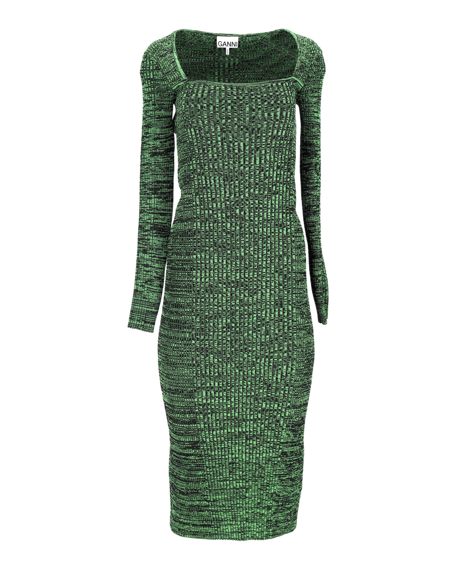 Ganni Square Neck Knitted Dress in Green Viscose | Shop Simon