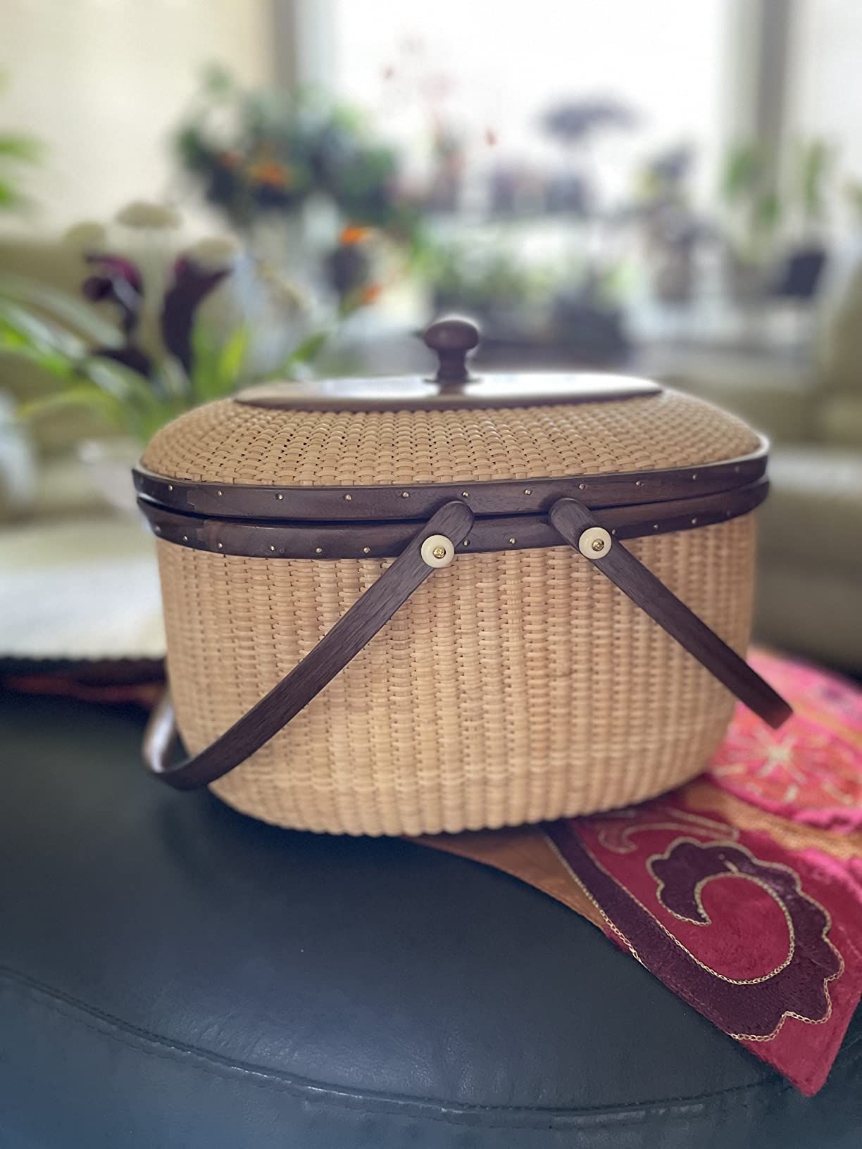 Teng Tian Nantucket Style Basket Picnic Basket Rattan Handmade Products Woven Sewing Storage Basket Two Swing Handles Tote Bag for Women | Amazon (US)