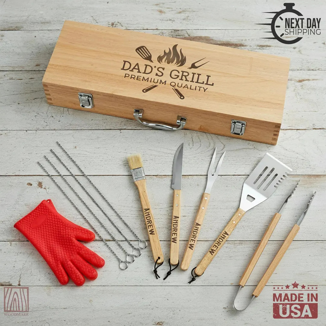 Personalized BBQ Grill Set, Custom Engraved Barbecue Tool Kit With Wooden Case, Gift for Dad or G... | Etsy (Global)