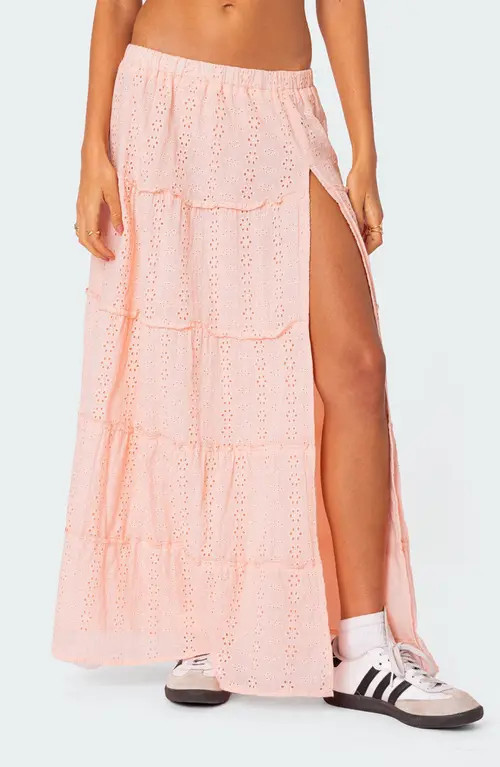 EDIKTED Tiered Cotton Eyelet Maxi Skirt in Light-Pink at Nordstrom, Size X-Small | Nordstrom