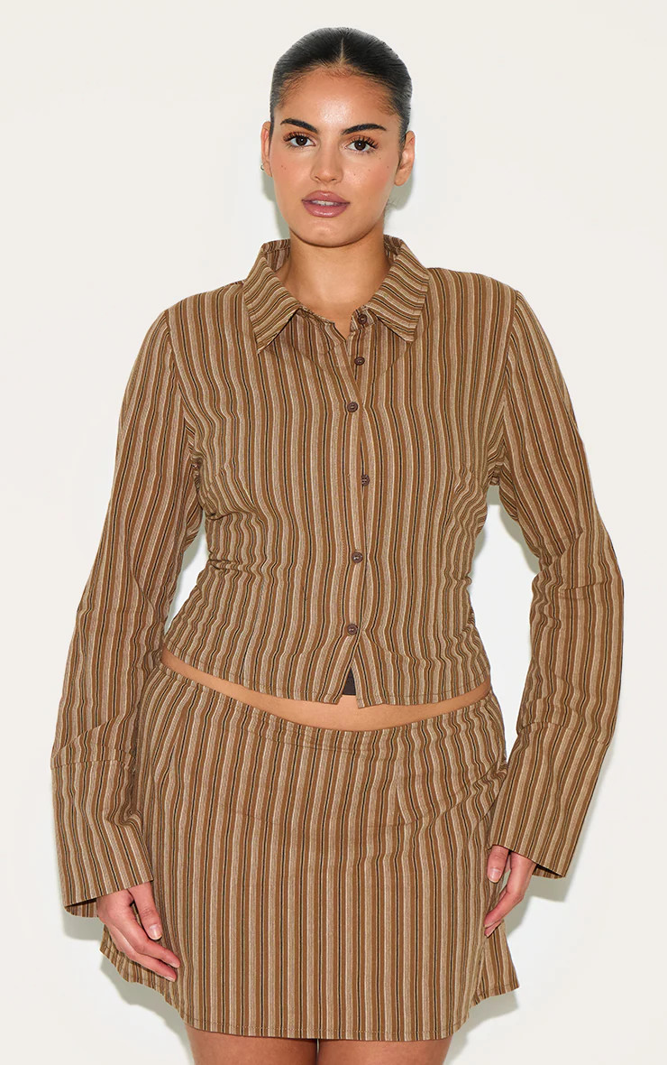 Plus Brown Pinstripe A Line Mini Skirt | PrettyLittleThing US