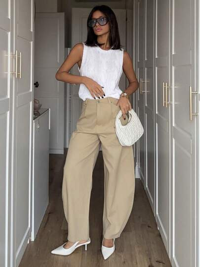 Ronhire Plus Size Loose Solid Color Harem Pocket Pants For Women, Spring/Summer Casual | SHEIN