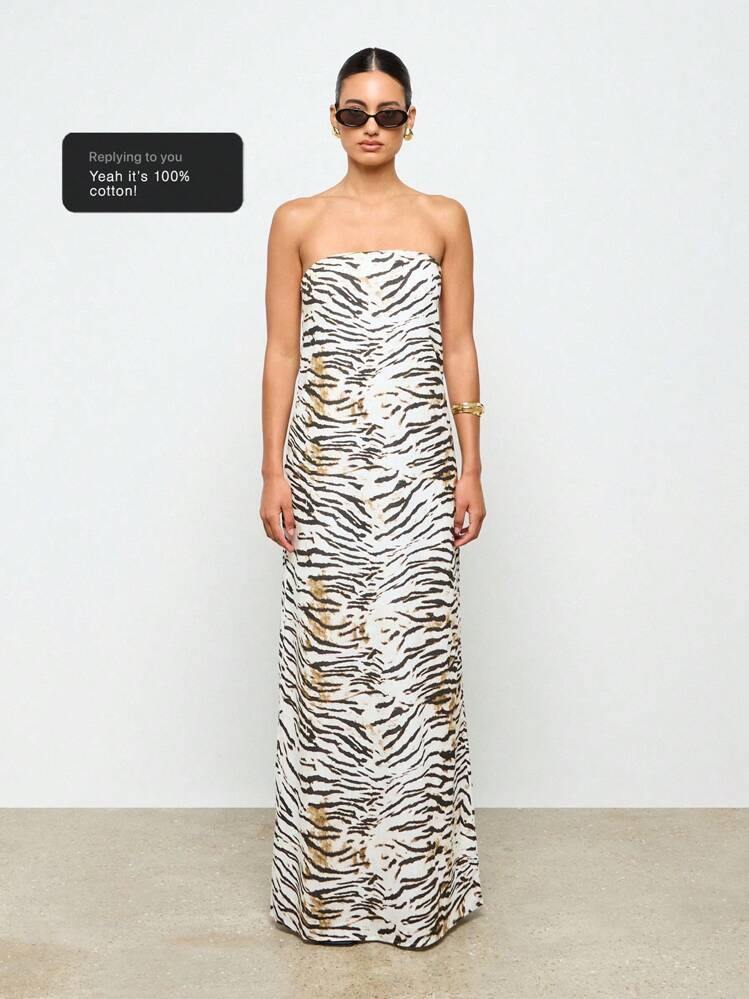 AiiRZ Linen Feel Zebra Print Bandeau Flowy Spring Summer Maxi Dress | SHEIN
