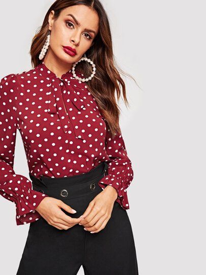 Tie Neck Ruffle Sleeve Polka Dot Top | SHEIN