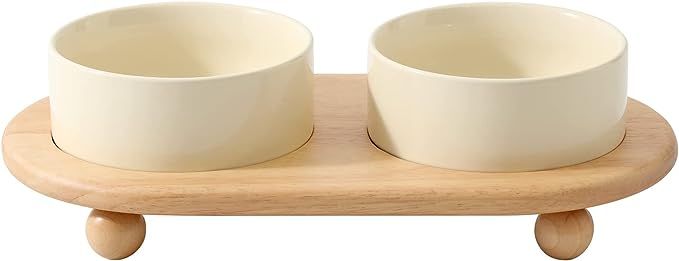 Havniva Ceramic Elevated Cat Food and Water Bowl, Kitty Bowl, Raised Cat Dish, Cat Feeder (2 x Cr... | Amazon (US)